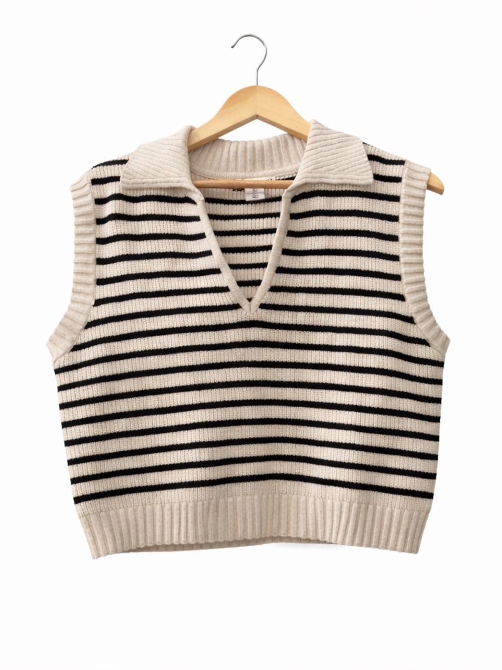 Sincerly Jules Cream and Black Striped V-Neck Sweater Vest